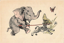 Vintage Anthropomorphic Elephant Chasing Zebra Butterfly Net Insect P591 picture
