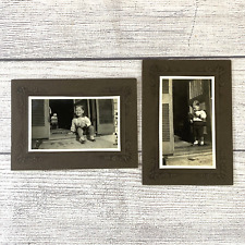 Antique Photos Children SET OF 2 - Toddler Boy on Stoop  Embossed Frames picture