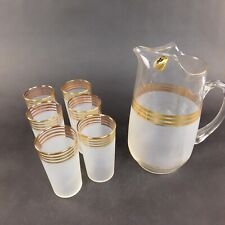  NOS Corning Beverage Ware Set MCM Pitcher 6 10 Oz Frosted Gold Tone Glasses Vtg picture