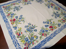 Southwest Vintage Cotton Print Tablecloth~Fiesta Pottery Periwinkle Blue Floral picture