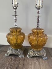 Vtg Pair 2 Mid Century Modern Amber Glass Table Lamp Retro Hollywood Regency picture
