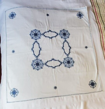 Vintage Blue & White Hand Embroidered Cross Stitch Square Tablecloth 32