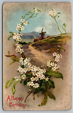 Postcard A Happy Birthday Greetings Windmill In Embossed Flowers VTG c1912  H20 picture