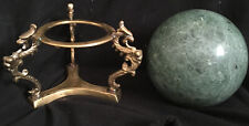 Vtg Polished Green Agate Marble Stone Ball Sphere on Brass Dragon Stand picture