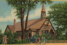 1950's Postcard Holy Trinity Church Cape Cod Mass People Steeple Old Cars Linen picture
