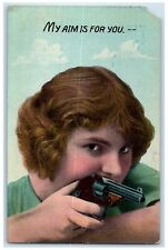 1912 Pretty Woman Holding Gun My Aim Is For You Embossed Brooklyn NY Postcard picture