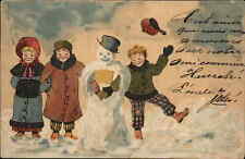 Christmas Fantasy Children Walk with Snowman c1910 Vintage Postcard picture