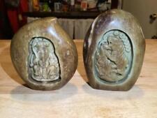 PAIR OF TWO CHINESE CARVED STONES WITH RELIEF CARVINGS OF WISDOWN GOD & TIGER picture