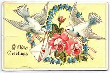 Vintage Postcard 1913 Happy Birthday Greetings Two White Birds Envelope & Roses picture
