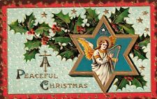 A Peaceful Christmas Angel and Stars Embossed Vintage Postcard picture
