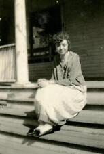 N63 Vtg Photo PRETTY WOMAN ON FRONT STEPS, FUZZY BALL SHOES c Early 1900's picture