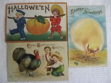 Lot of 3 Antique Holiday Postcards-1908 Halloween-1908 Thanksgiving-1909 Easter picture