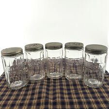 Antique Hoosier Cabinet Glass Spice Jars with Tin Lids Script Colonial Set of 5 picture