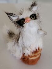 Vintage Mini (2 inches) Rabbit Fur Black White Kitty Cat Figurine Glass Eyes picture
