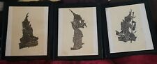 Three Vintage Authentic Thai Temple Charcoal Rubbing Rice Paper Framed Art picture