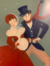 VTG Victorian Ice Skaters Folk Art Hand Painted on Wood Signed by Marian Gilmore picture