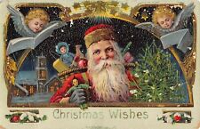 c.1910 Red Robe Santa with Bag of Toys Tree & Cherubs Christmas Wishes post card picture