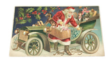 Antique Embossed 1908 Christmas Santa Post Card - Santa in old car picture