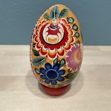 VTG Hand Painted Wooden Egg with Stand Unique and Colorful Art Decorative picture