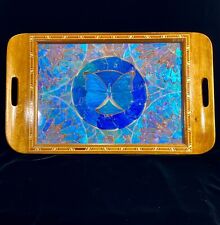 Vintage Iridescent Blue Morpho Butterfly Inlaid Wood Glass Tray Art Deco 18” picture
