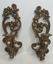 Vintage Pair Hollywood Regency Antique Gold Floral Scroll Wall Sconces (c) 1976 picture