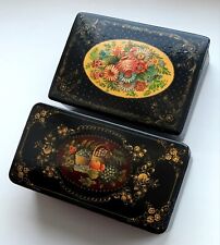 Mstera 1950's Russian Lacquer Box 2 Boxes Ornament  Vintage Handmade Palekh picture