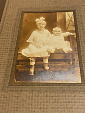 Antique Photo In Folder Little Girl Baby Brother Sitting On Bench picture