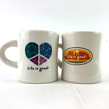 Set of 2 Life is Good Diner Style Heavy Mugs Flower Heart Canyon Scene White picture