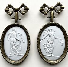 Pair Wedgwood Plaques Neolassical Goddess Nymphs Brass Ribbon Frames picture
