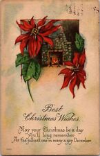 Vintage 1910 Christmas Greetings Postcard Poinsettia fireplace nostalgic a5 picture