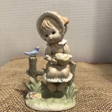 Vintage Lefton Girl Blonde Hair Figurine on Fence Eggs with Blue Bird 1984 04136 picture