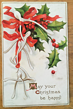 Vintage CLAPSADDLE Christmas Postcard WISHBONE Holly Embossed Signed Unposted picture