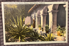 Antique Linen Postcard - Sacred Gardens, Santa Barbara Mission, California  1943 picture