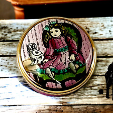 HALCYON DAYS ENAMEL Screw top England Trinket Box VICTORIAN GIRL DOLL with DOG picture