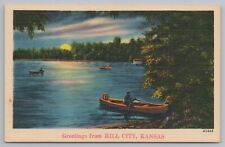 Hill City Kansas Greetings~Boaters On Lake~Night Moon Shines On Water~1940 Linen picture