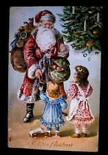 Long Red Robe Santa Claus Brings Toys to Children~ c.1910~Christmas Postcard~k-6 picture