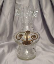 Vintage Crackled Glass Vase w/Ruffled Edges and Metal Appliques Designs picture