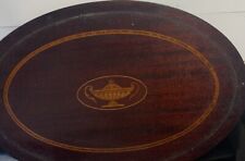 Antique Edwardian Oval Inlaid Mahogany Serving Tray With Brass Handles 25