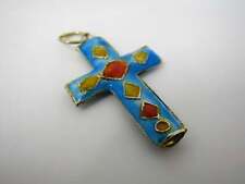 Vintage Christian Cross Necklace Pendant: Blue & Orange Enamel picture