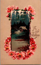 Vintage C. 1910 A Merry Christmas Embossed Postcard Floral Framed Snow Home picture