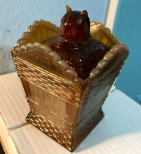 1980's Westmoreland Summit Glass-Dark Amber/White Square Ribbed Dish w/Cat Lid picture