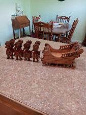 Vintage Handmade Christmas Wooden Carving Reindeers and Sleigh Folk Art  picture