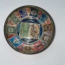 Brass and Glass ISRAEL STAMP Souvenir Trinket Pin Dish Bowl Vintage Original  picture