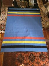 1950s Vintage ORRLASKAN Wool Blanket ROYAL BLUE w/Red,Yellow Black Stripe 89x73 picture