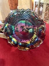 Vintage Indiana Glass Blue Iridescent Carnival Glass Diamond Pattern Bowl picture