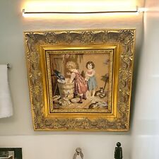 ANTIQUE GILDED SQUARE FRAME EMBRODERY NEEDLEPOINT TAPESTRY WALL ART RARE picture