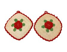 VTG Crochet Pot Holders 2 Red Flower Hand Made Thin Decorative As Is picture