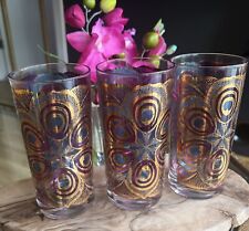 🔥MINT 22K Georges Briard 3 Peacock Multi-Colored Highball Glasses.Singed#253 picture