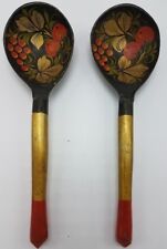 2 Vintage Hand Painted Russian Wood Lacquer Spoons Sauce Ladles. Metallic Gold picture