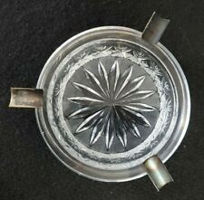 VINTAGE Pressed Glass Ashtray with Silver Plated Cigarette Rest Trim Ring picture